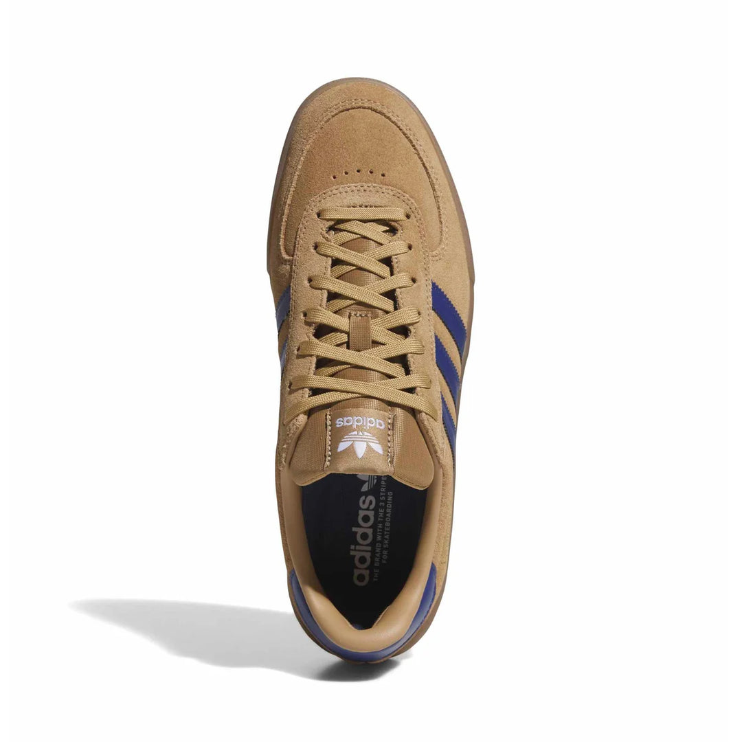 A single Adidas Samba sneaker in tan suede with blue stripes, shown from a top-down view on a white background.