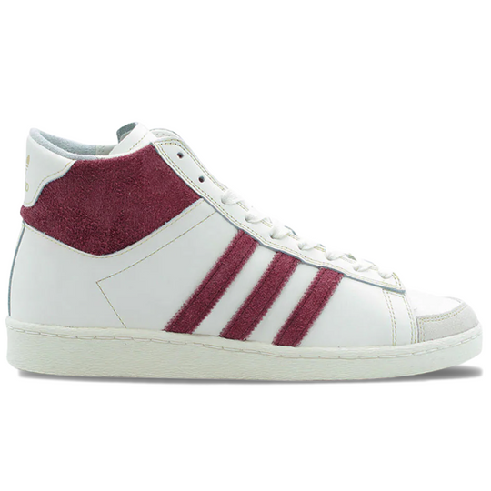 White sneaker with maroon accents on a white background