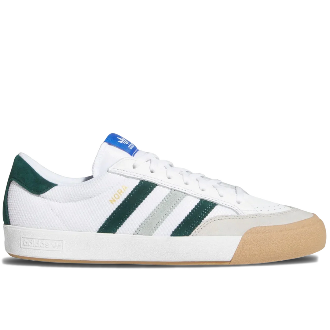 White Adidas sneaker with green stripes 