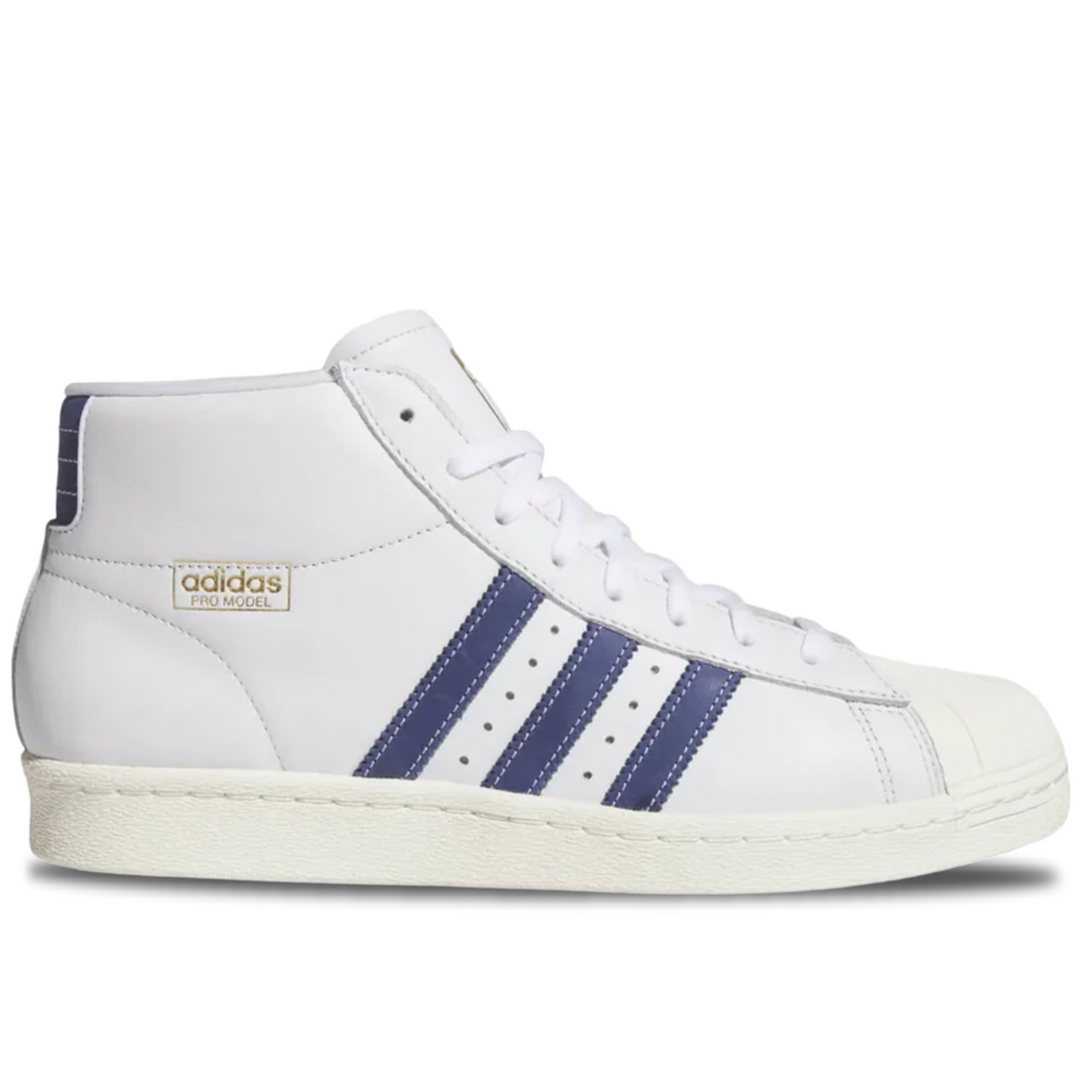 White Adidas sneaker with blue stripes on a white background