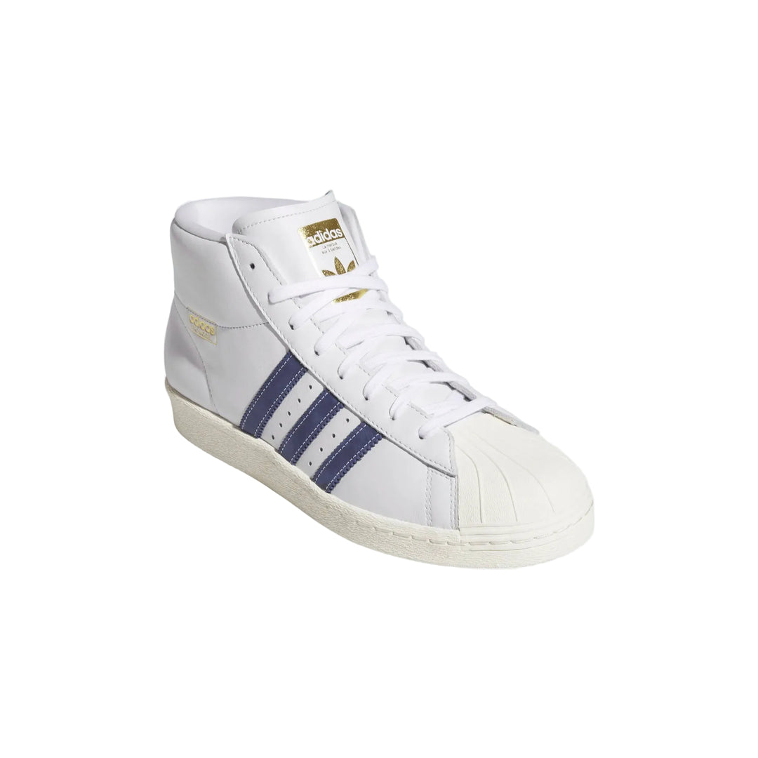 White Adidas sneaker with blue stripes on a white background