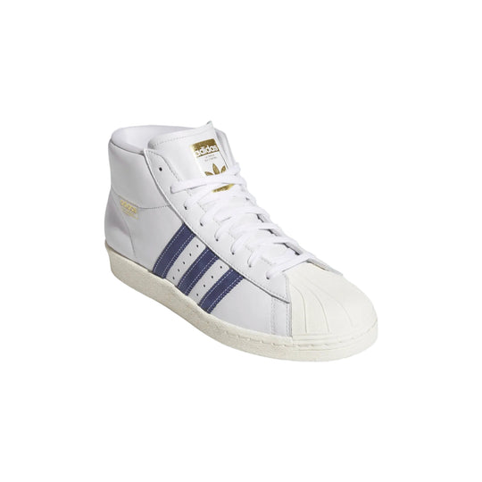 White Adidas sneaker with blue stripes on a white background