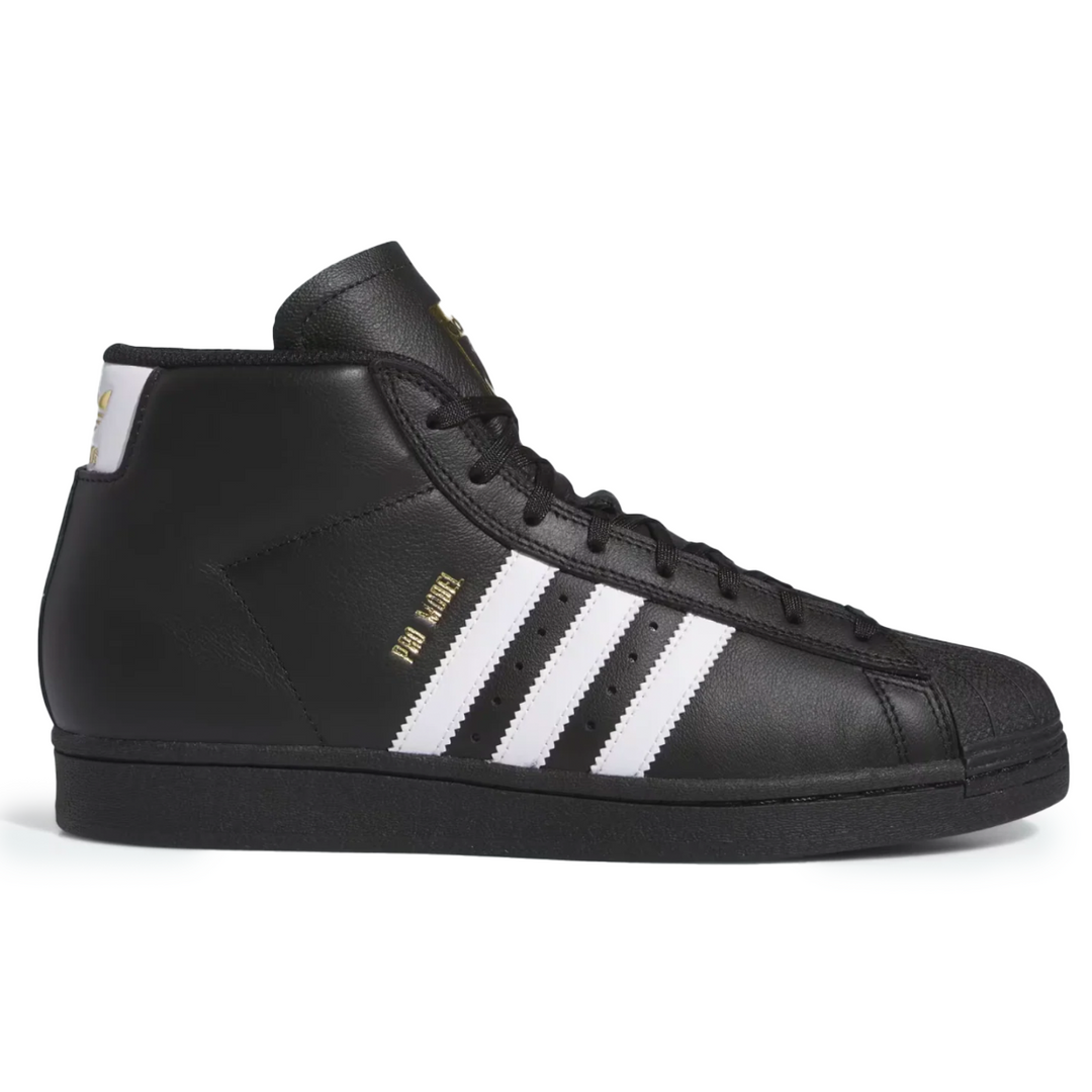 Black high-top sneaker with white stripes on a white background