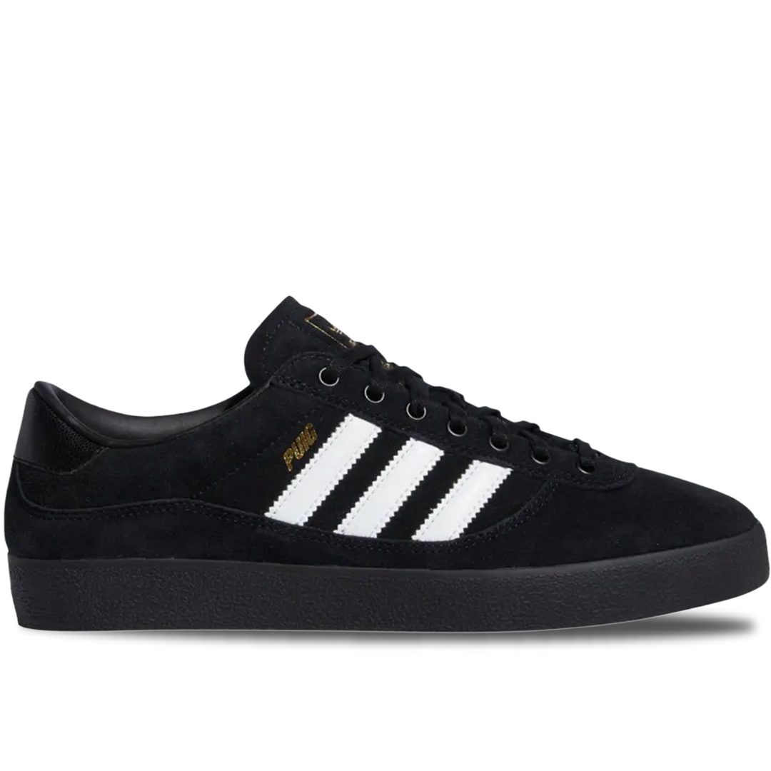 Black sneaker with white stripes on a white background