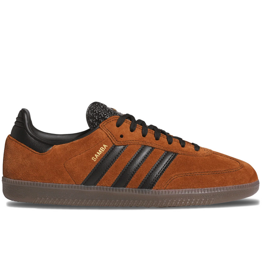 Brown adidas sneaker with black stripes and black laces and gold samba branding
