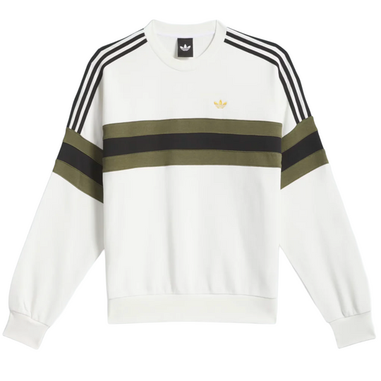 white adidas crew neck with a two tone green stripe