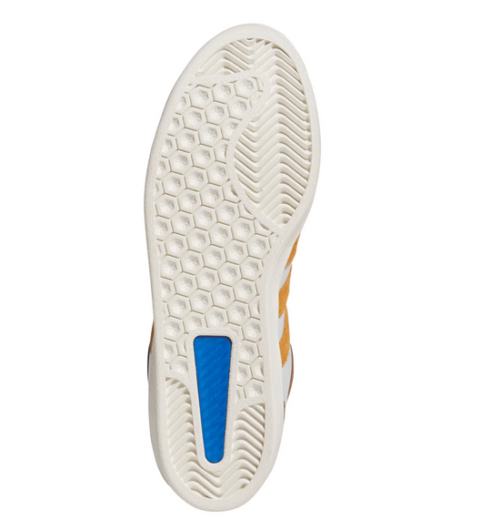 Close-up of a shoe sole with a textured pattern and blue accent on a white background