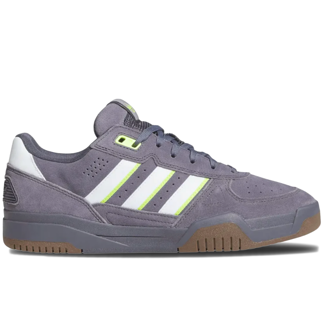 Gray Adidas sneaker with white stripes on 
