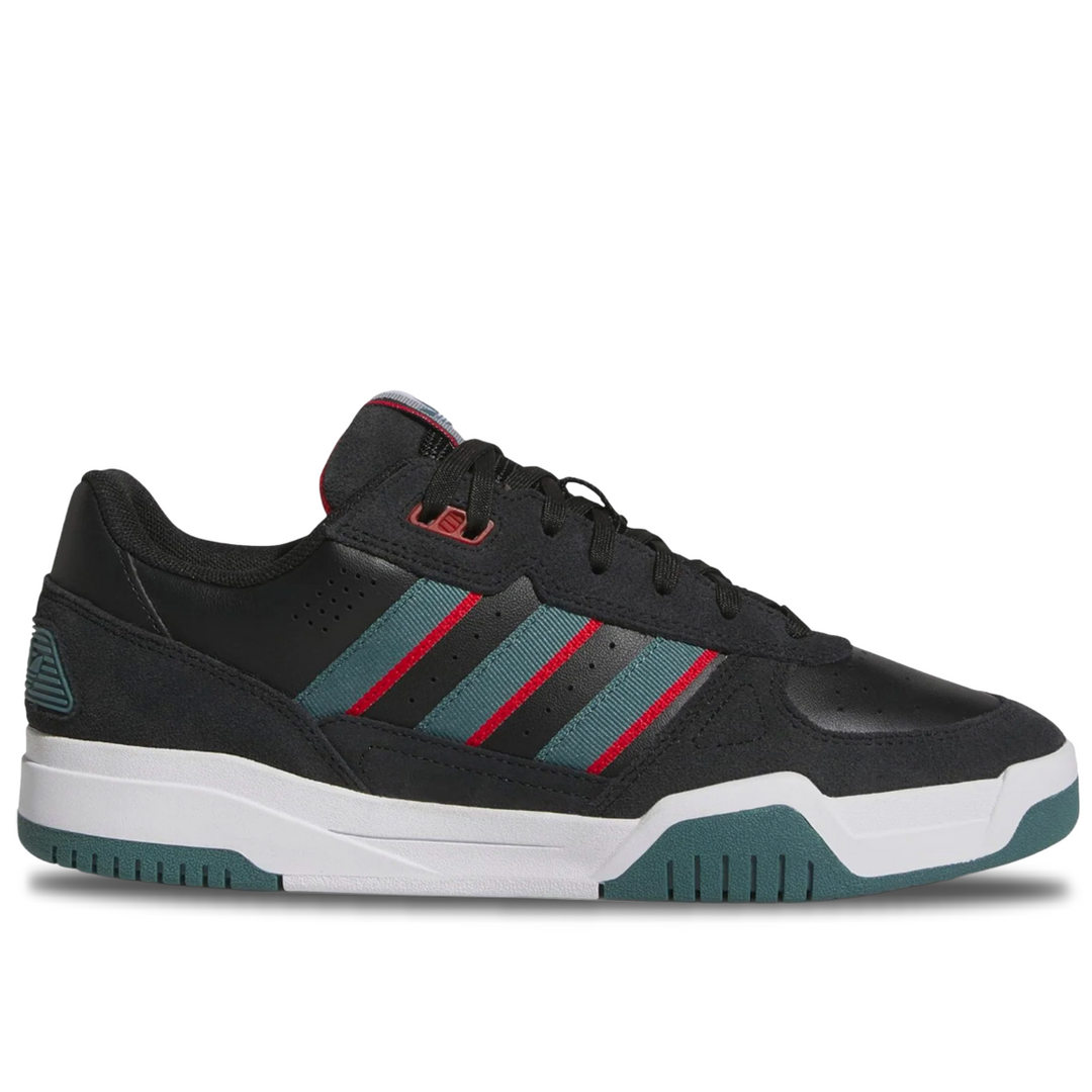 A black low-top athletic sneaker with three diagonal stripes in teal and red on the side, a white midsole, and teal outsole details, shown against a plain white background.