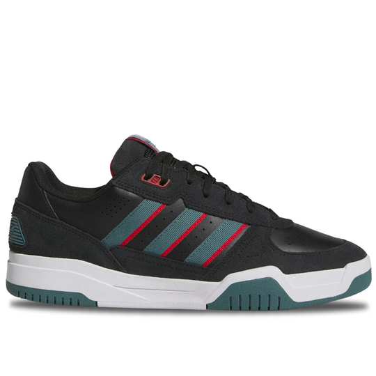 A black low-top athletic sneaker with three diagonal stripes in teal and red on the side, a white midsole, and teal outsole details, shown against a plain white background.