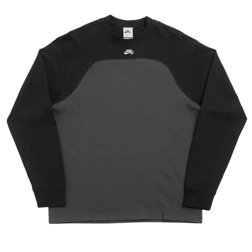 A Nike long-sleeve crewneck sweatshirt in black and dark gray, featuring a small white Nike logo on the left chest, laid flat against a white background.