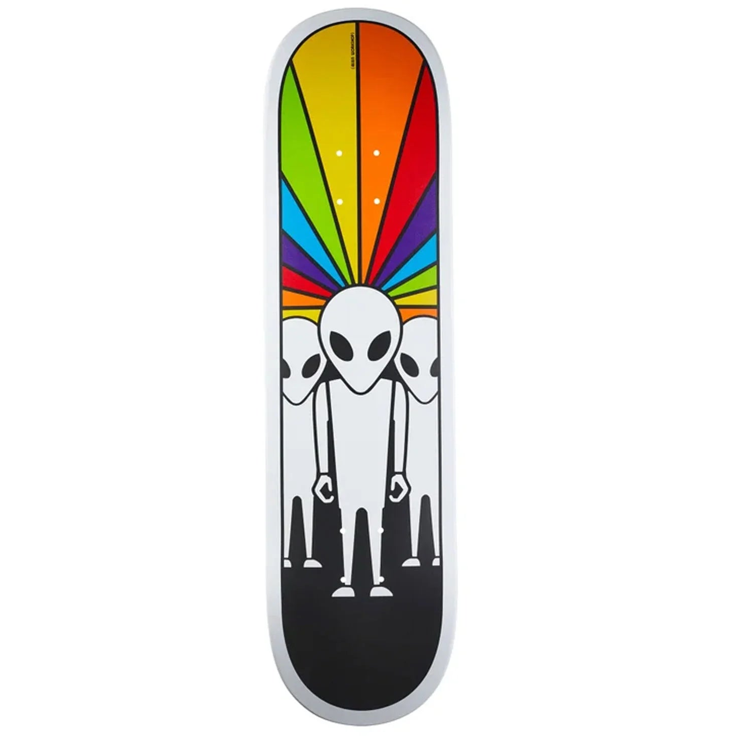 Skateboard deck with alien design and rainbow pattern on a white background