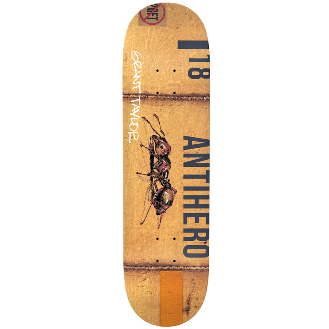 Skateboard deck with ant graphic and text on a white background