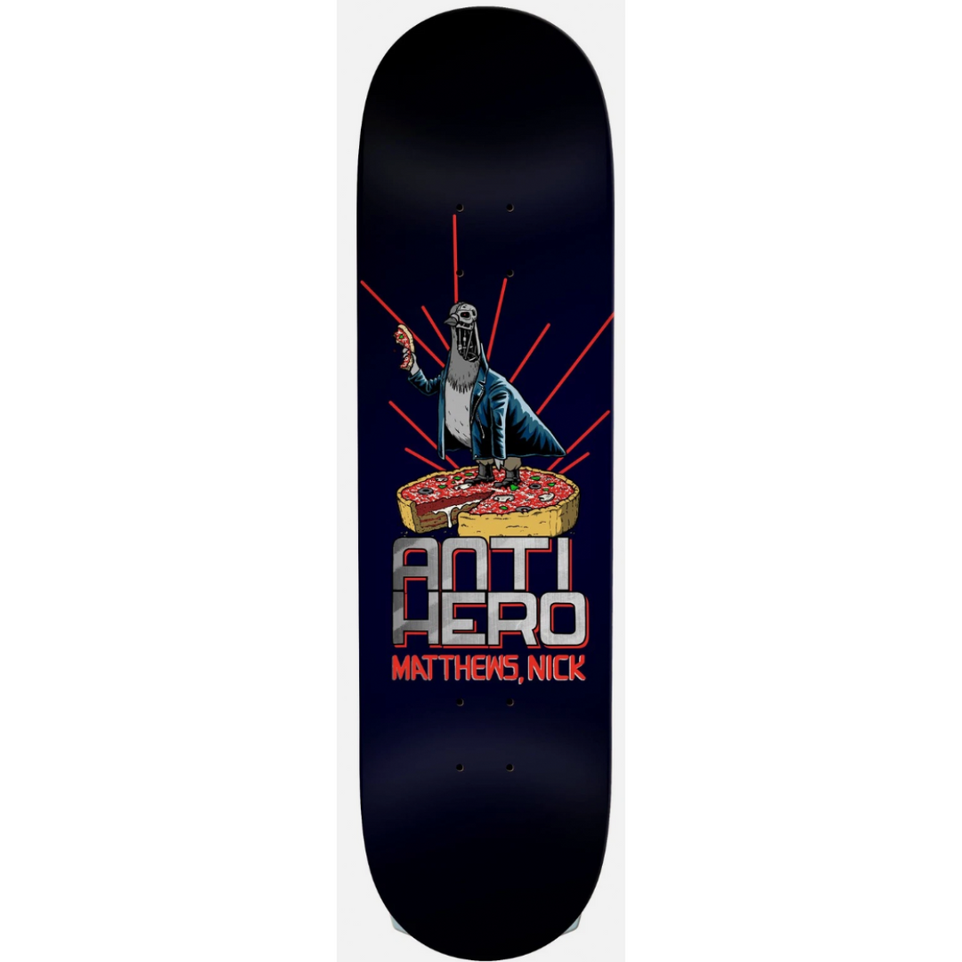 Skateboard deck with a graphic design and 'Anti Hero' branding on a black background