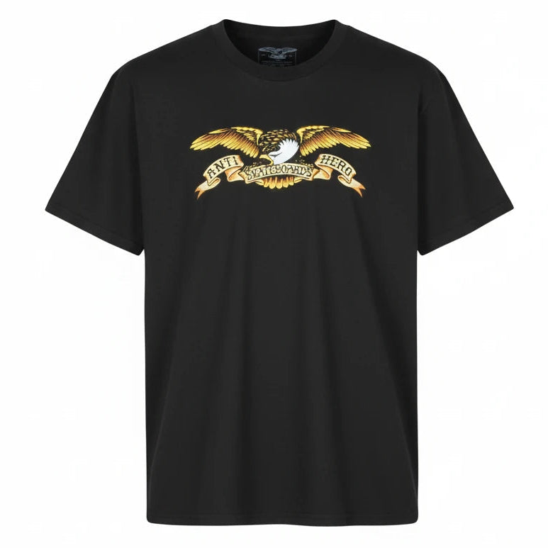 Anti Hero Black t-shirt with a gold eagle emblem 