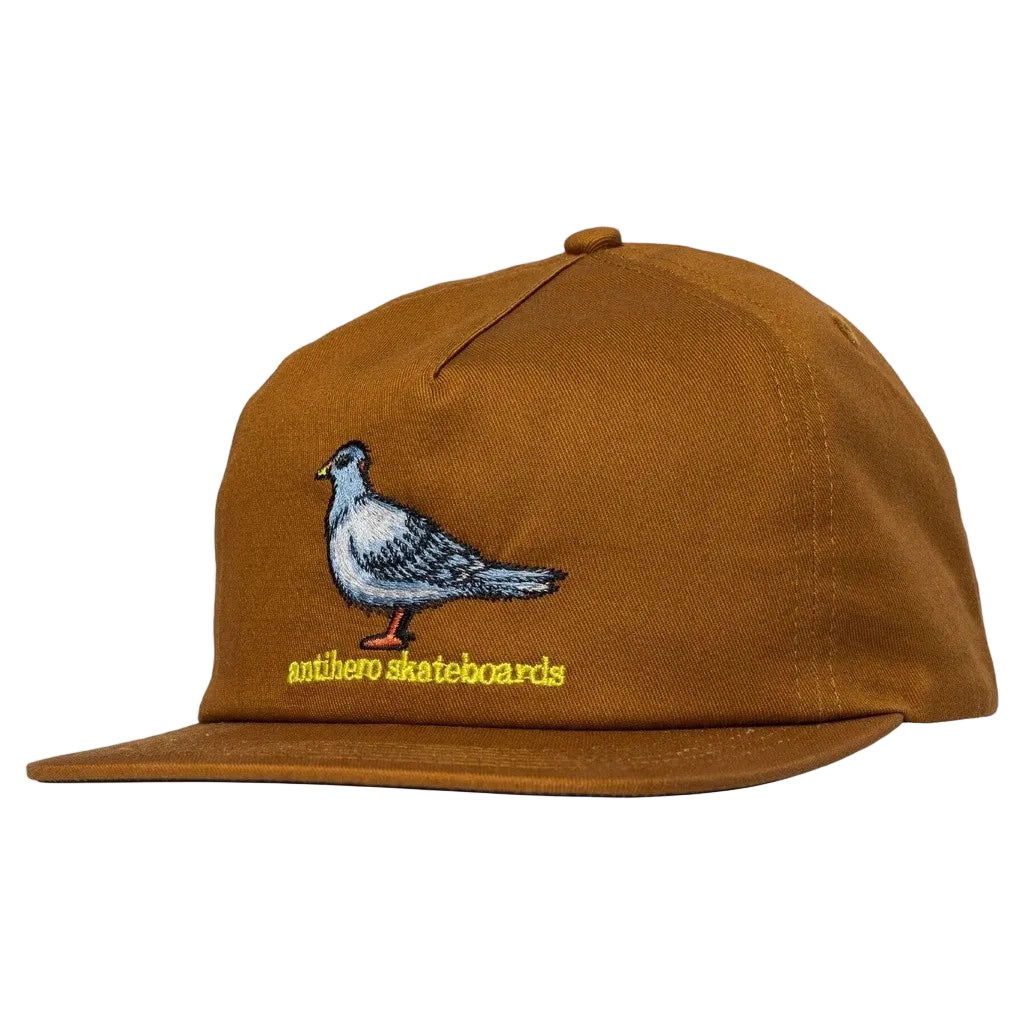 Brown cap with pigeon design and 'antihero skateboards' text on a white background