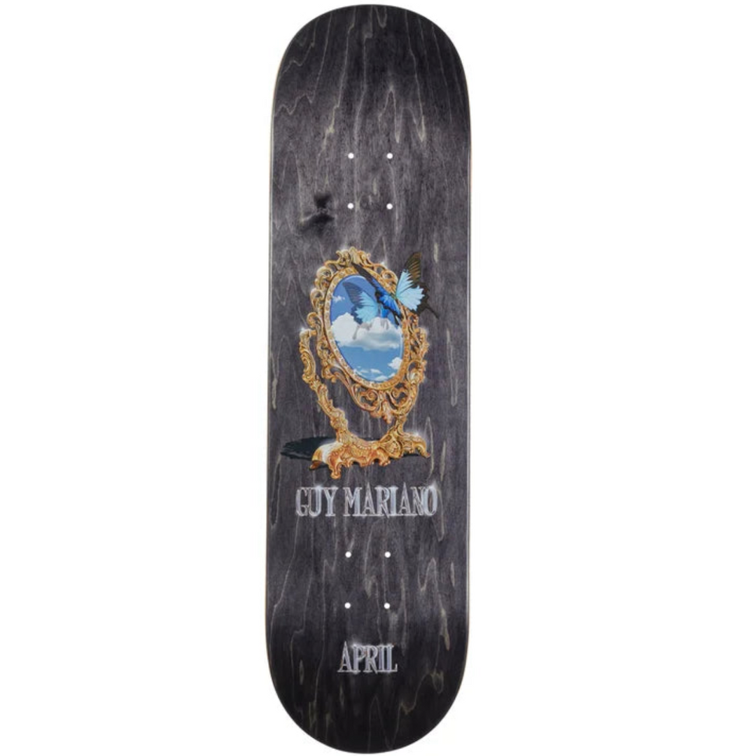 Skateboard deck with decorative design and 'Guy Mariano' branding on a white background