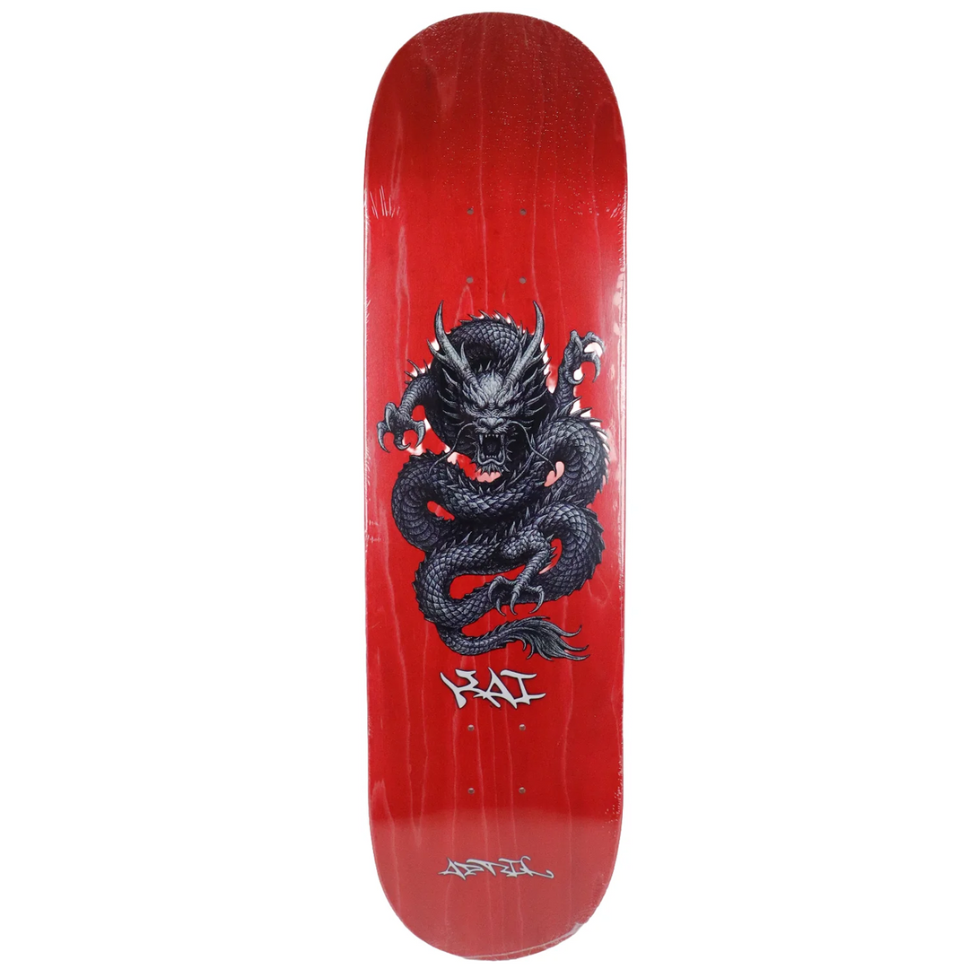 Red skateboard deck with a black dragon design on a white background