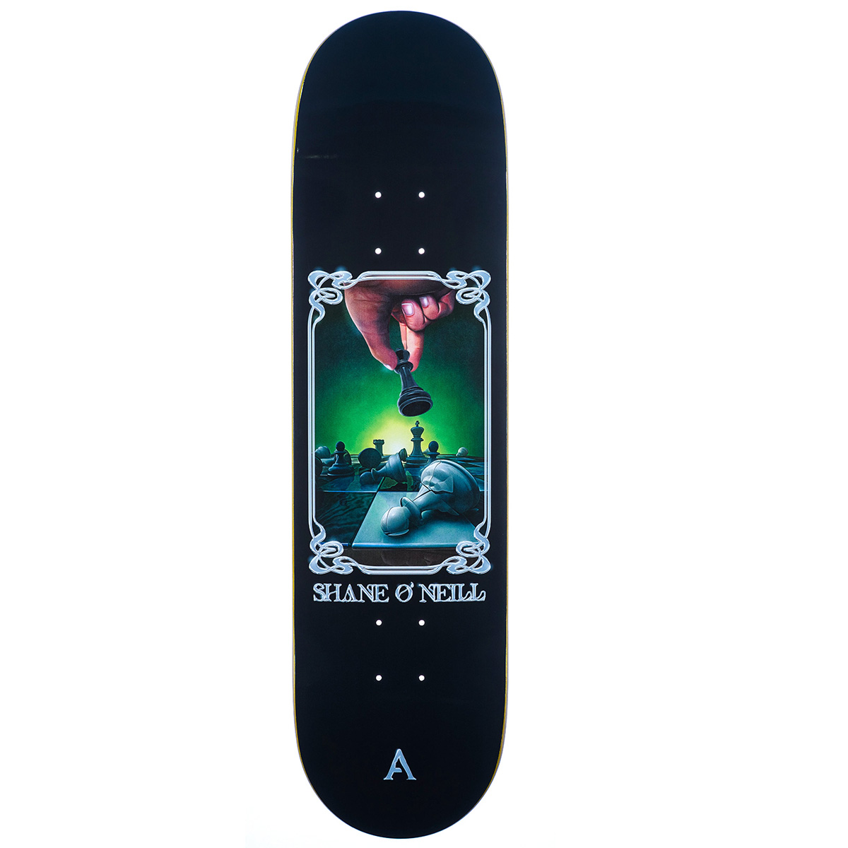 Skateboard deck with a graphic design and 'Shane O'Neill' branding on a white background