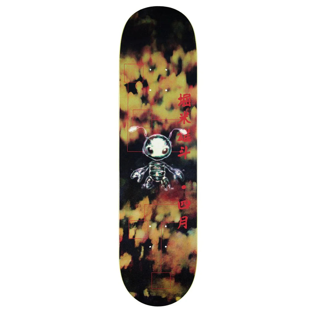 April Skateboard deck with a colorful design and character on a white background