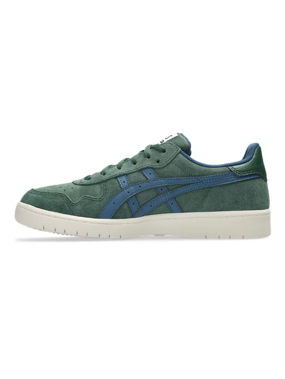 A green suede sneaker with a blue side stripe and a white sole, shown in profile against a white background.