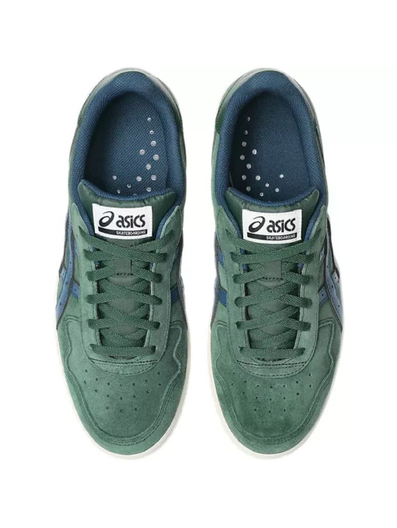 A pair of green Asics sneakers shown from a top-down view on a white background.