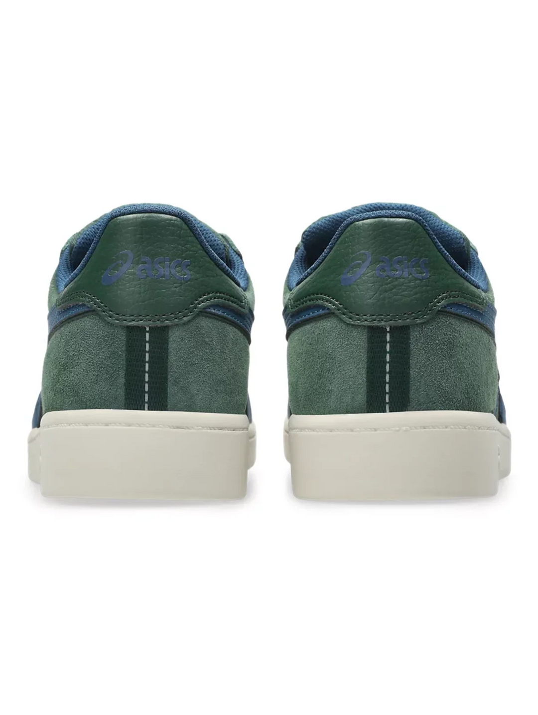 A pair of low-top sneakers shown from the back, featuring dark green suede and leather panels, blue accents on the collar and tongue, and a thick off-white sole. The Asics logo is visible on the tongue.