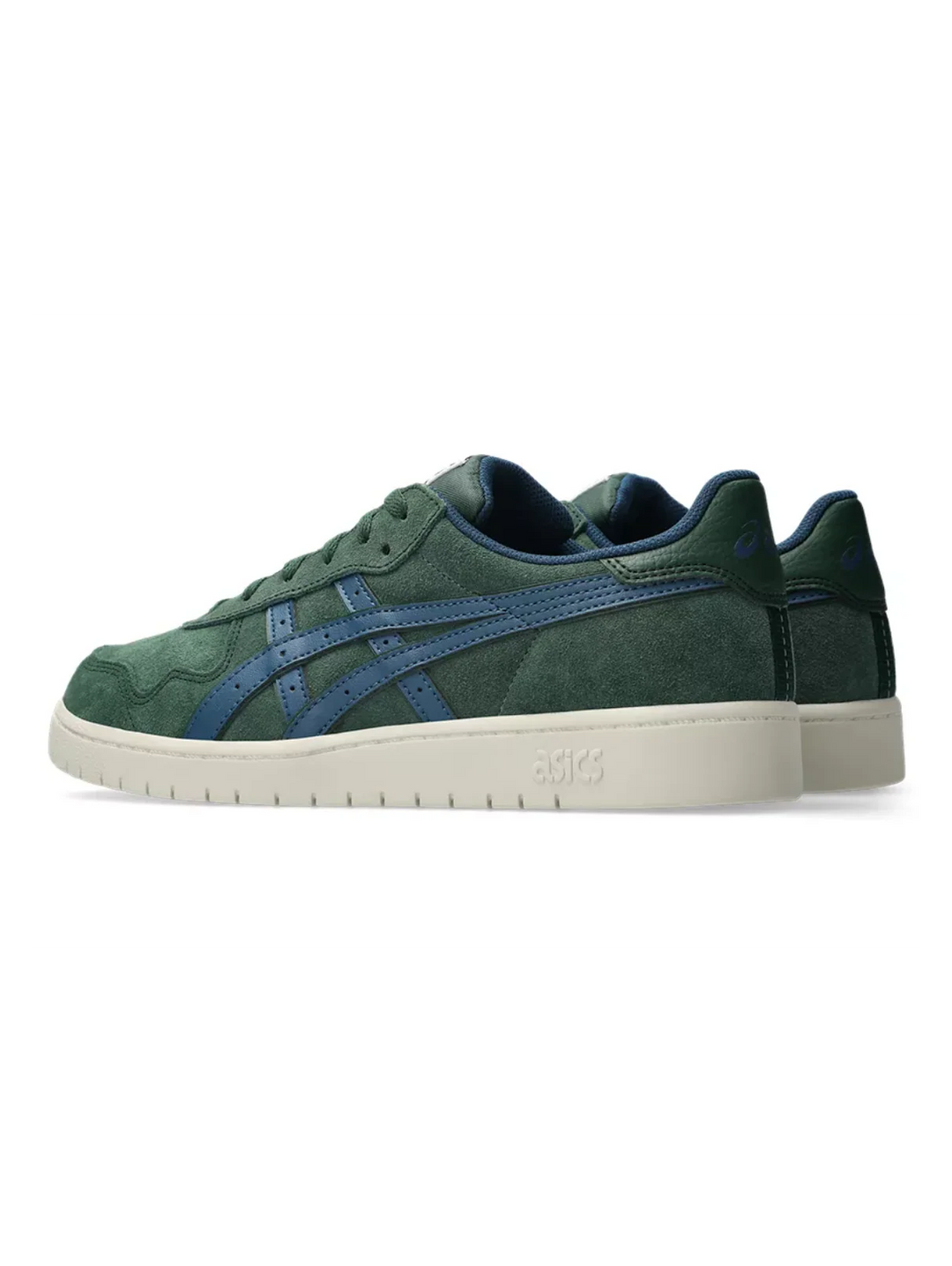 A pair of ASICS low-top sneakers in dark green suede with blue side stripes and a cream-colored midsole, shown against a plain white background.