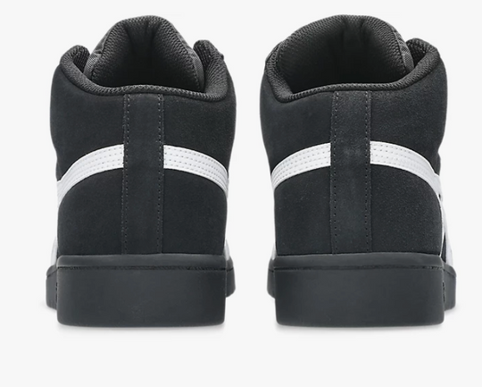 Black high-top sneakers with white stripes on heel