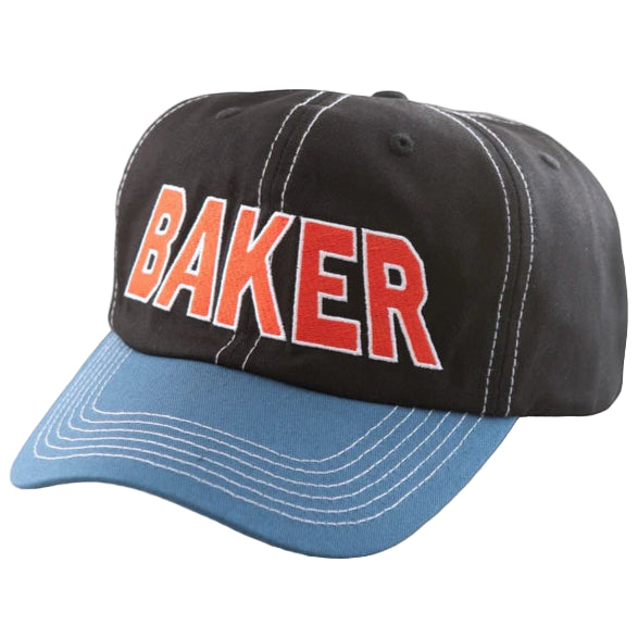 Black and blue cap with 'BAKER' in red on a light gray background