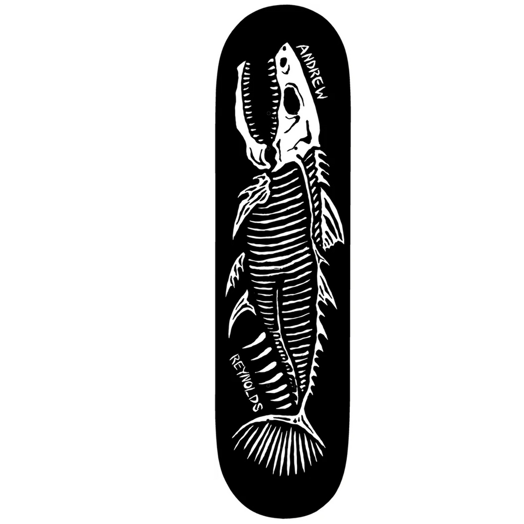 Skateboard deck with white fish skeleton design on a black background