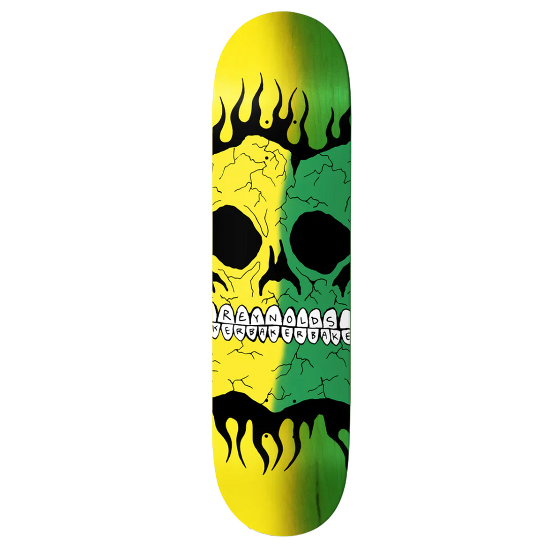 Skateboard deck with a yellow and green skull design on a white background
