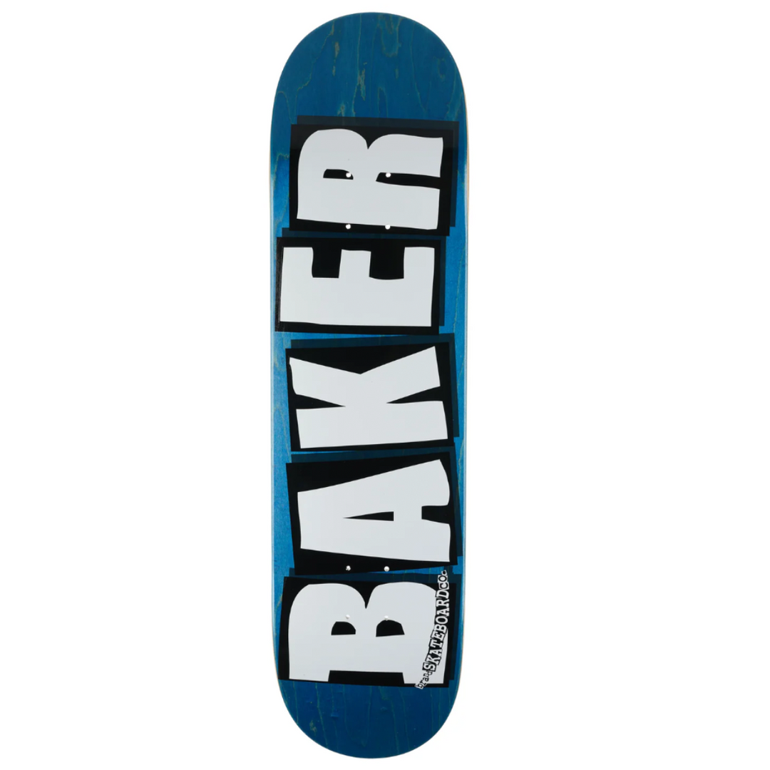 Skateboard deck with 'Baker' logo on a blue background