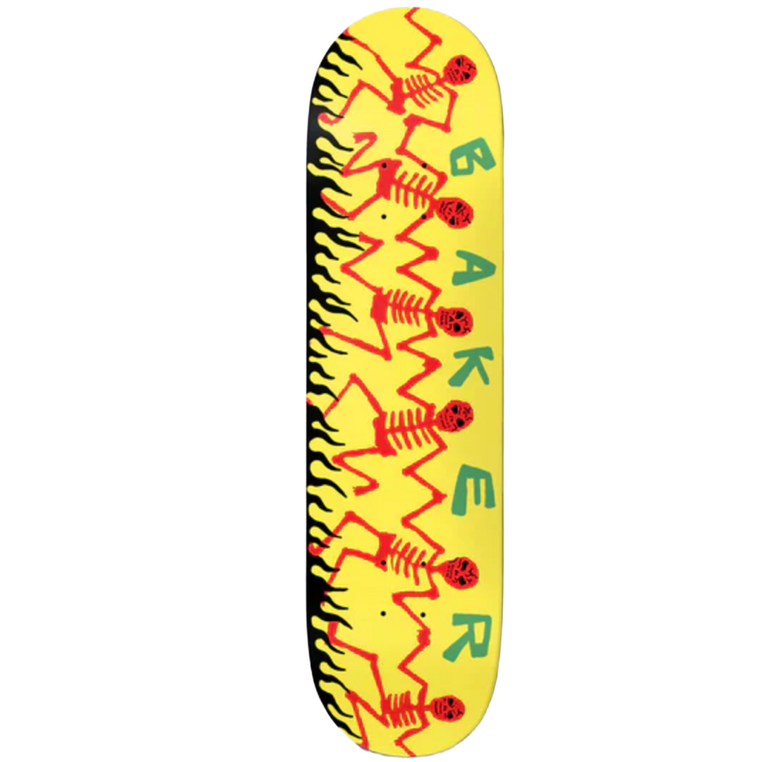 Skateboard deck with skeleton design and 'Baker' branding on a yellow background