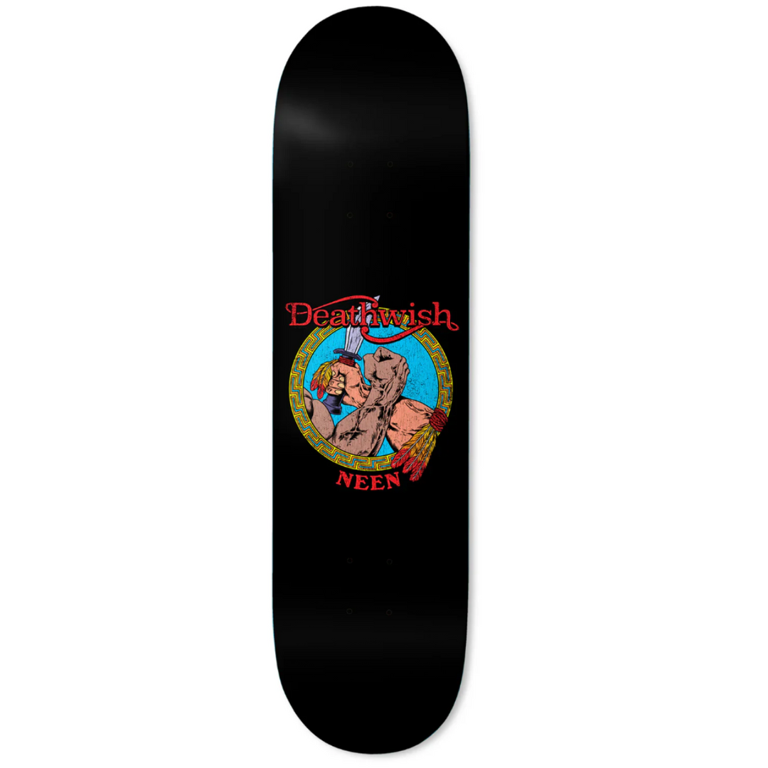 Black skateboard deck with colorful graphic design featuring a bear and text on a white background