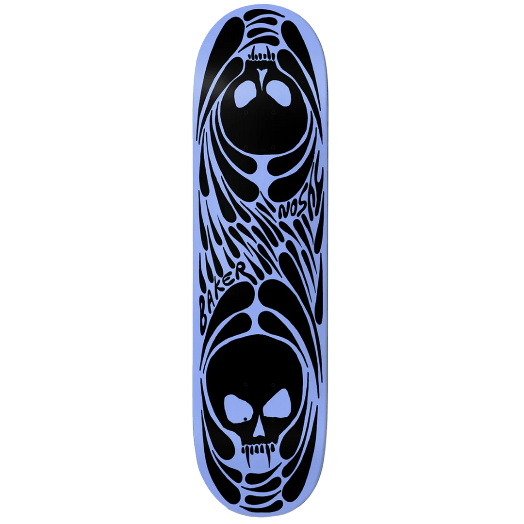 Skateboard deck with black skull design on a light blue background