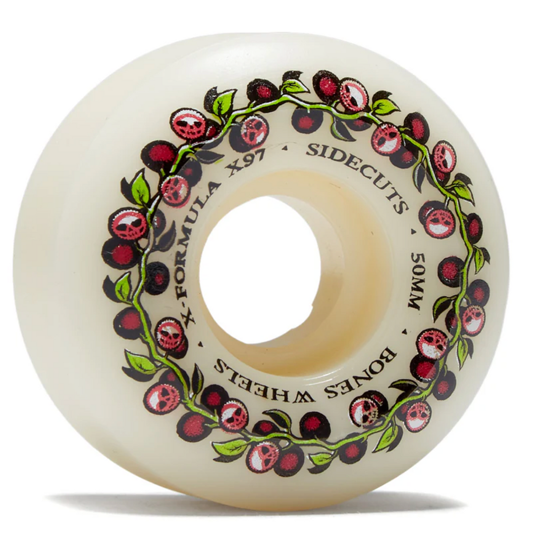 Skateboard wheel with floral design and text on a white background