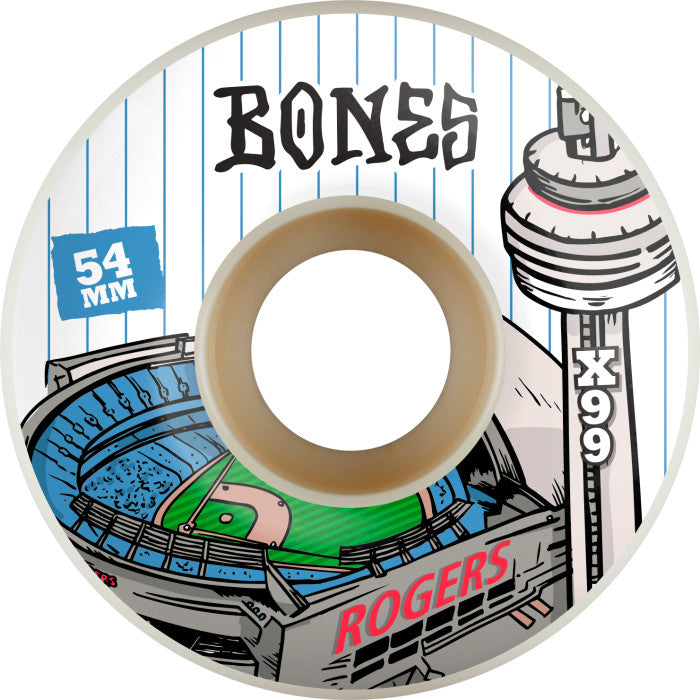 Skateboard wheel with 'Bones' and 'X99' branding and a baseball stadium illustration.
