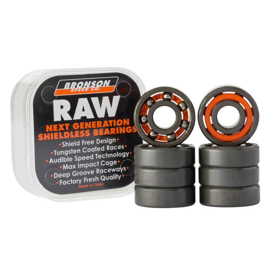 Bronson Raw next generation shieldless bearings with packaging on a white background