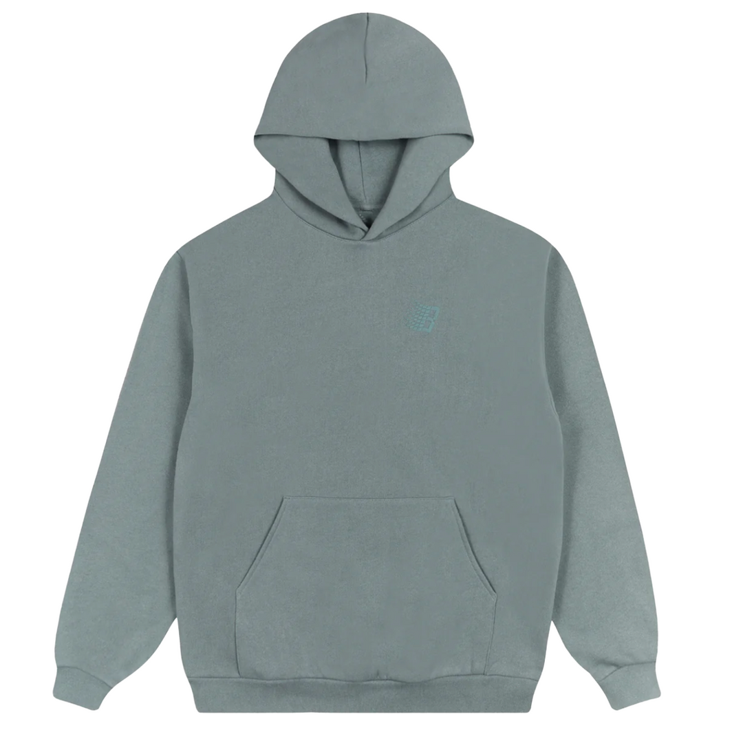 Gray hoodie with a small bronze56k logo on the chest 