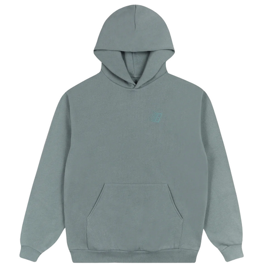 Gray hoodie with a small bronze56k logo on the chest 