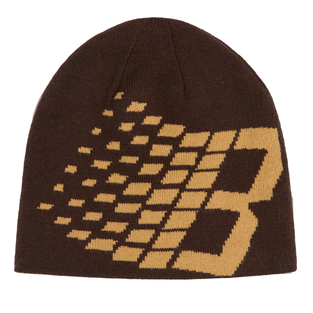 Brown beanie with a large 'B' logo on a white background