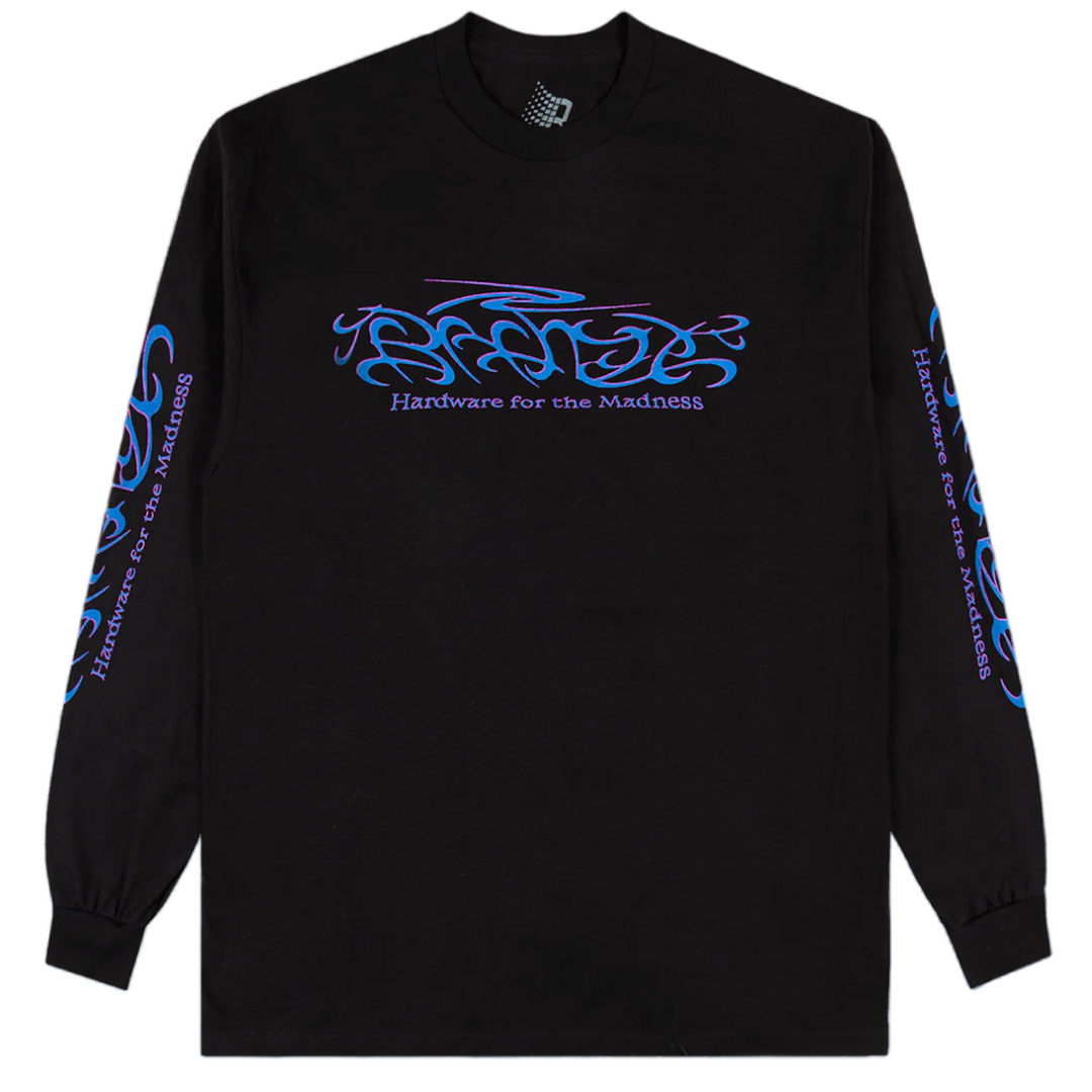 Black long-sleeve shirt with blue and white graphic design on a white background