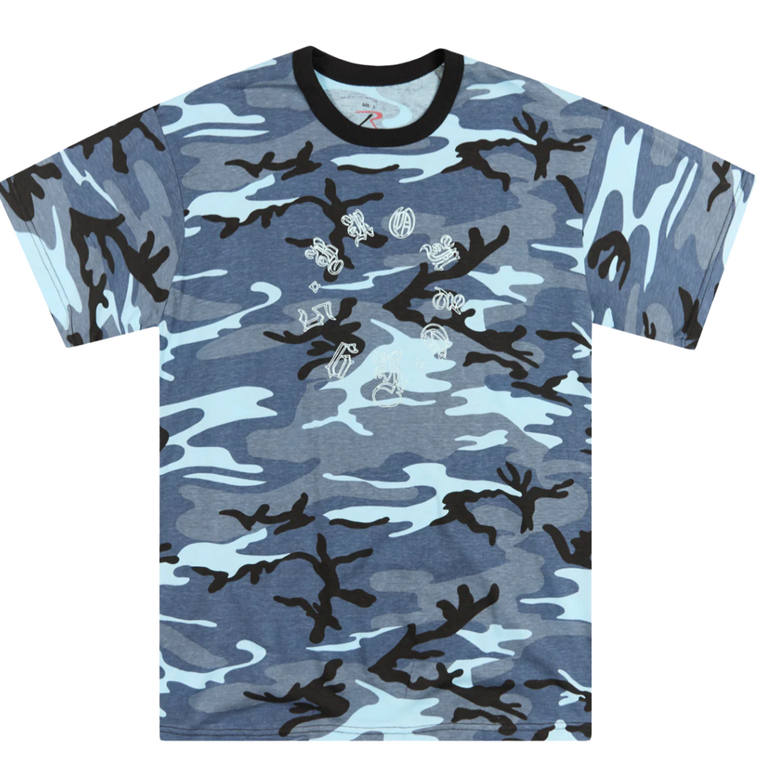 Blue camouflage t-shirt with black accents 