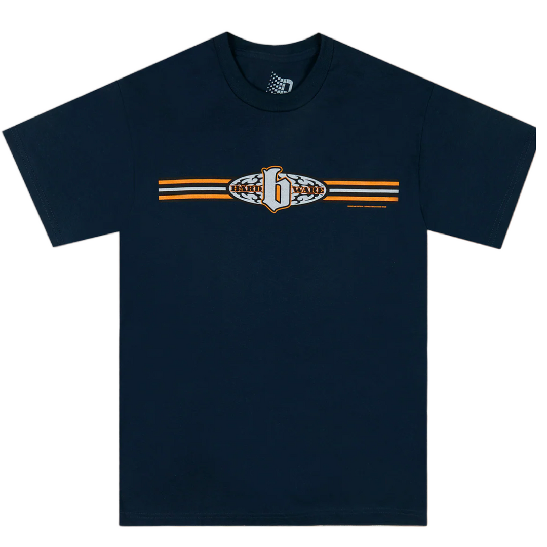 Navy blue t-shirt with a logo on a white background