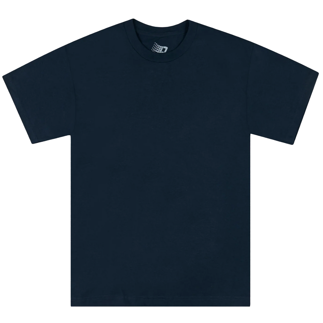 A dark navy blue short-sleeve crewneck t-shirt displayed flat against a solid white background.