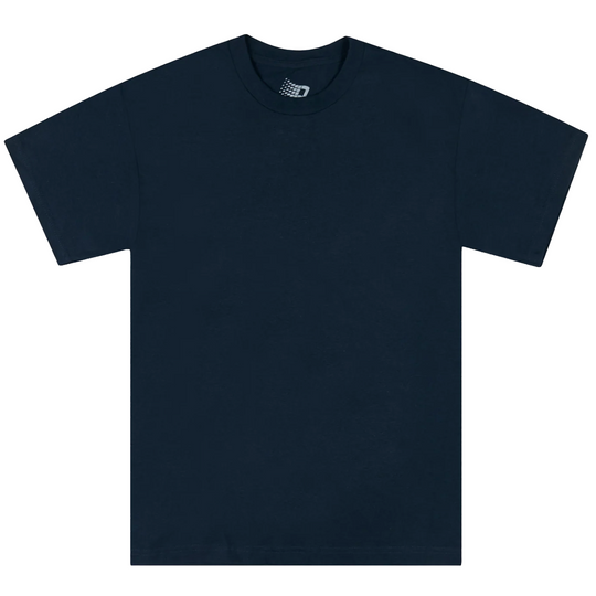 A dark navy blue short-sleeve crewneck t-shirt displayed flat against a solid white background.