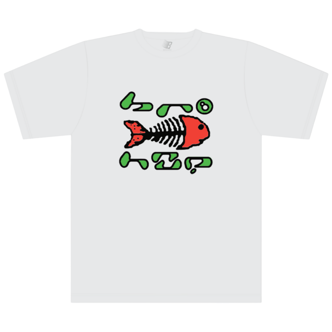 White t-shirt with a red fish skeleton graphic on a white background
