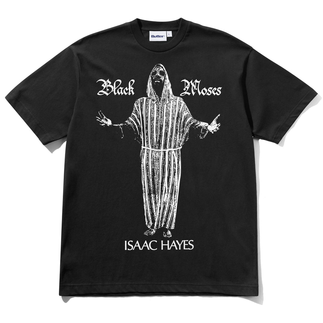 A black short-sleeve t-shirt with a white graphic print of a hooded figure in a striped robe, with the text 'Black Moses' above and 'ISAAC HAYES' below, displayed flat against a white background.