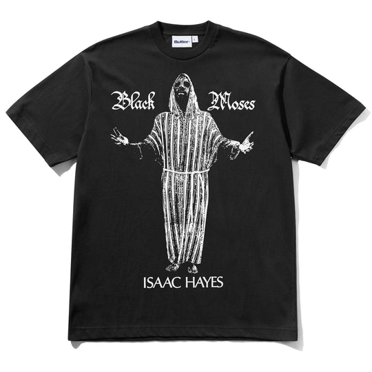 A black short-sleeve t-shirt with a white graphic print of a hooded figure in a striped robe, with the text &